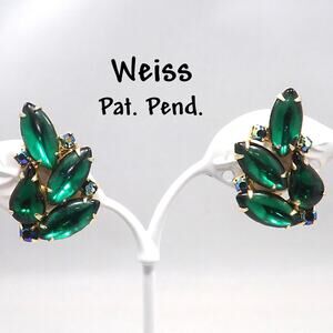 Vintage WEISS Green Clip Earrings, Gold Plated Green AB Rhinestones, 1960s